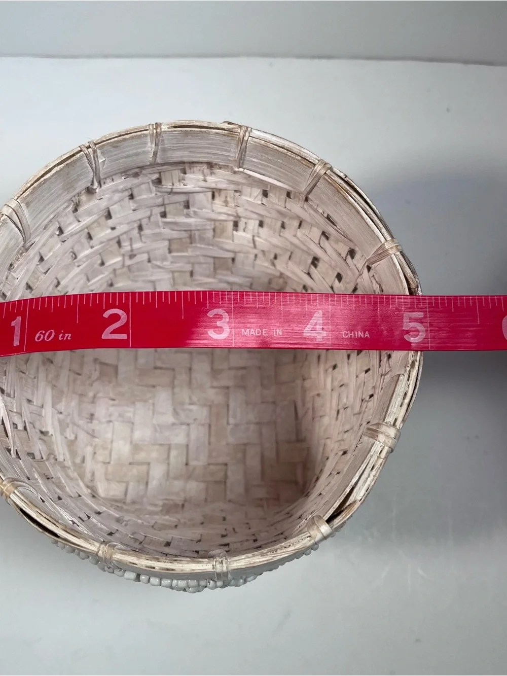 White Bamboo Beaded Trinket Basket